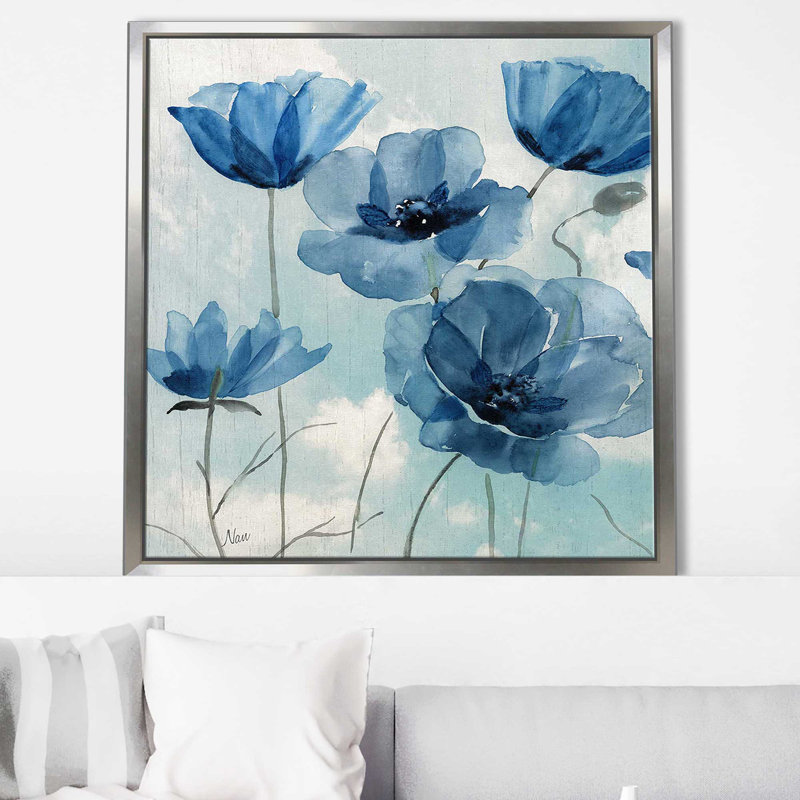 «Springing up Blue I» par Nan - Peinture, H 21,5 po x l 21,5 po x P 2 po, Cadre flottant argent