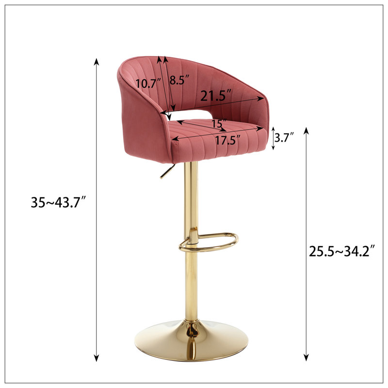 Chaise de bar moderne en velours, dossier évidé avec accoudoirs, cornes dorées, pieds croisés, hauteur réglable, Rose