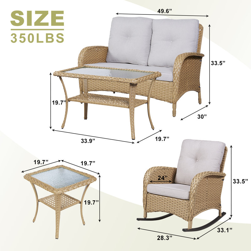Gaetanino 5 Piece PE Wicker Patio Sofa Seating Group with Cushions, Natural Frame/Beige Cushion