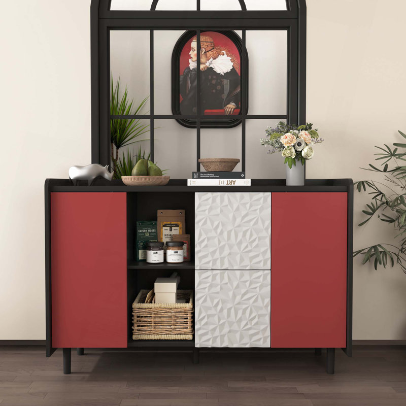 Buffet moderne avec buffet, porte, 2 tiroirs et 2 rangements ouverts, Noir / Rouge