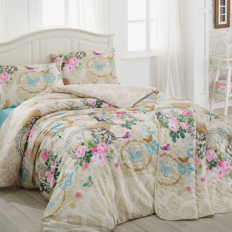 Ensemble de housse de couette simple en coton et polyester doux, 61 x 79 (housse de couette) et 19,7 x 31,5 (taie d'oreiller) | 65% coton et 35% polyester, lavable à la machine | Design élégant beige, chameau, bleu, rose et vert, fermeture à boutons