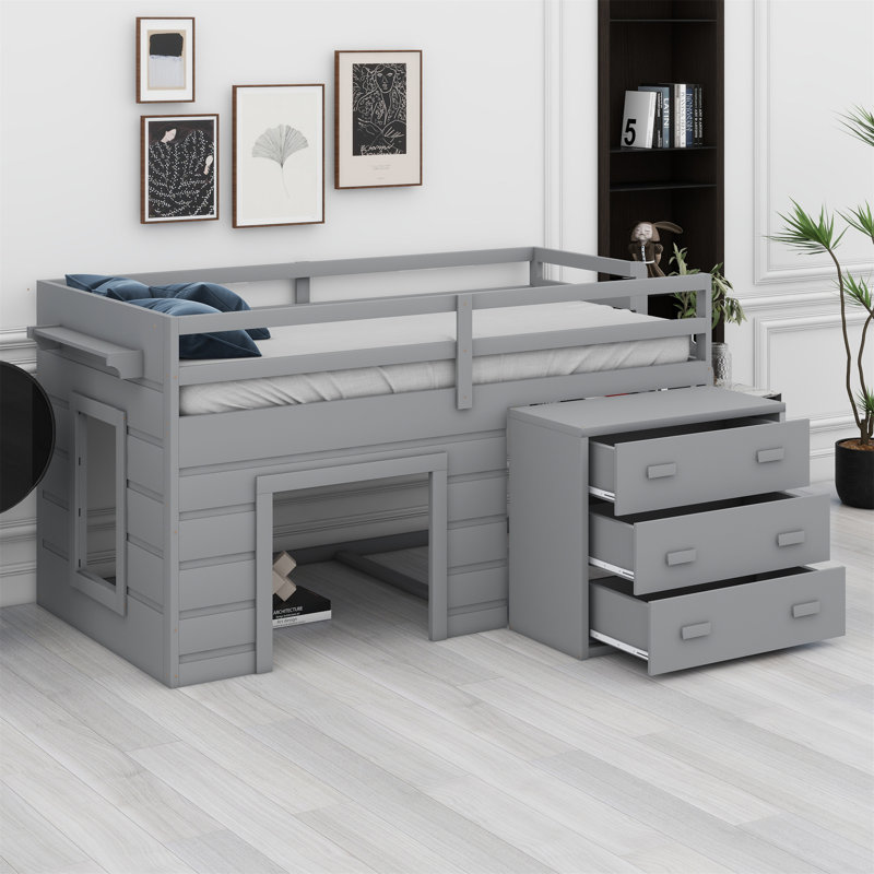 Lit mezzanine avec tiroirs et tablette, Gris