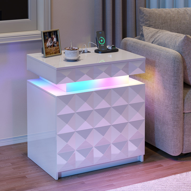 Diamond-Textured 2 - Drawers Bedside Table with Hidden Storage and Lockable, Modern Nightstand with Human Sensor Light, White