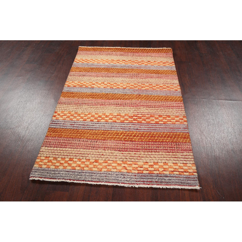 Tapis orange / gris en laine noué à la main de conception unique 3 pi 4 po x 4 pi 9 po New Age
