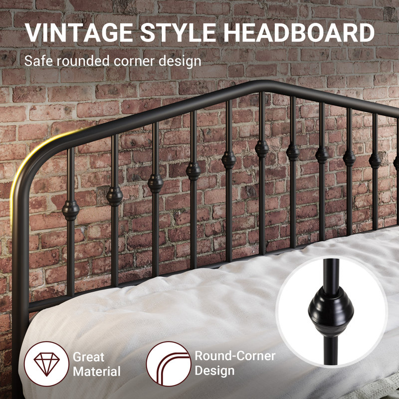 King Size Black Metal Bed Frame with Victorian Style Headboard