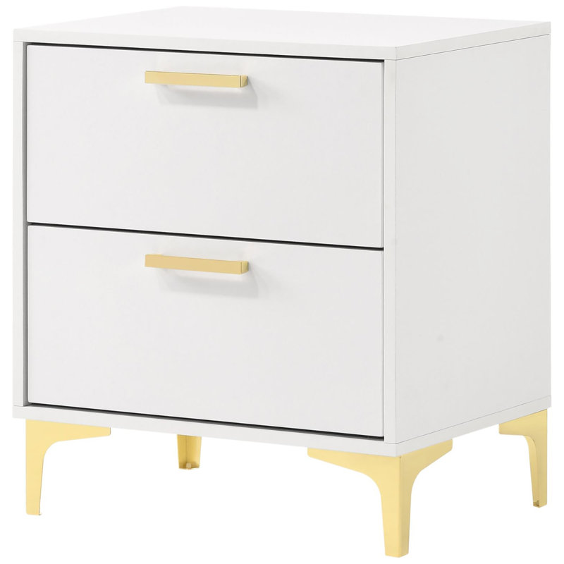 Table de chevet pour chambre à coucher blanche et dorée - 2 tiroirs, rangement spacieux, design avec tiroirs articulés, White