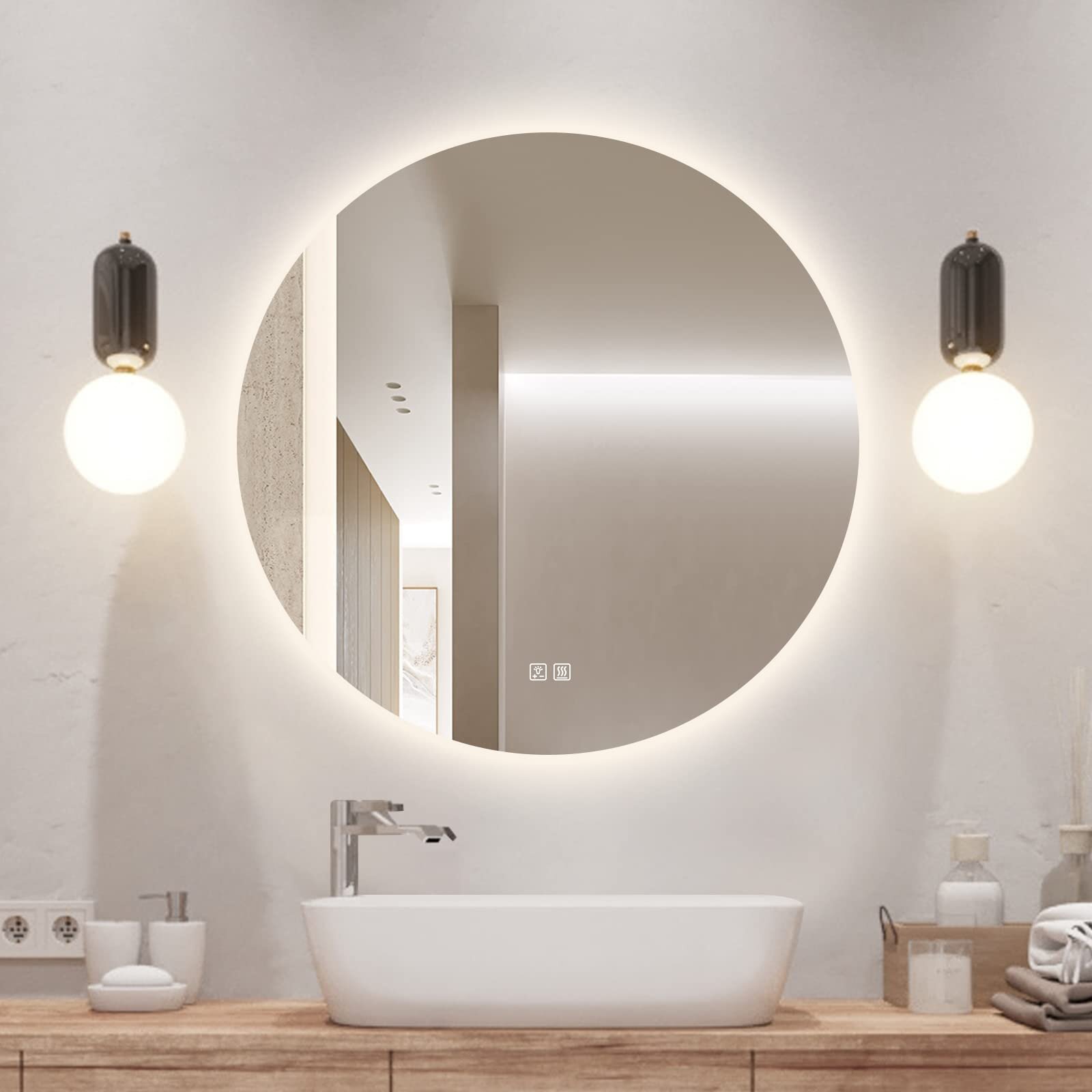 Orren Ellis Led Round Bathroom Mirror With Lights, Smart Dimmable ...