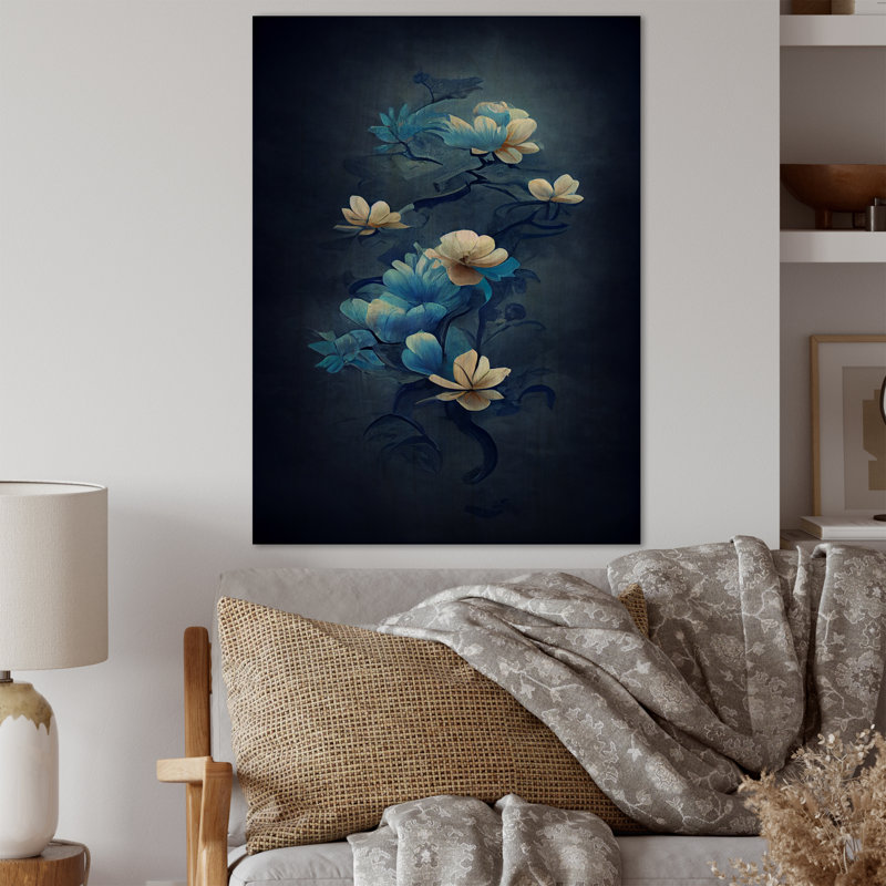 Fleurs rétro bleu clair chinois IV - reproduction sur toile, H 32 po x l 16 po x P 1 po, Bois enveloppé