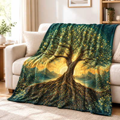 Couverture Mystical Tree of Life - scène de coucher de soleil éclatante, racines majestueuses, feuilles brillantes, art spirituel, confort douillet, poids léger, jeté toutes saisons, décoration intérieure, salon et chambre à coucher