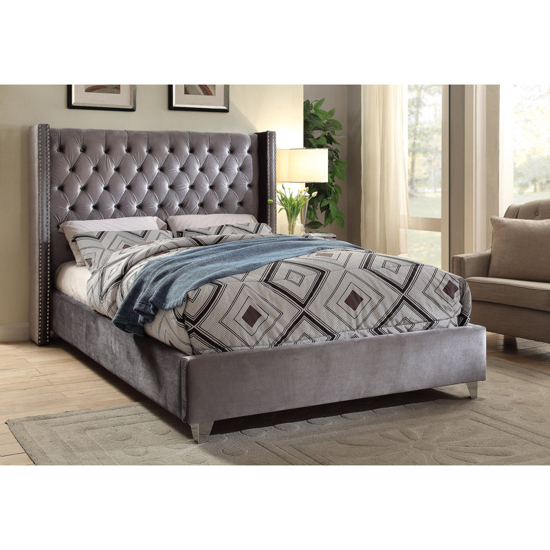 Upholstered Wingback Bed, Gray, Queen