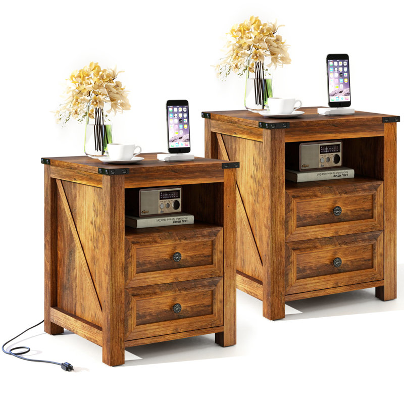Rustic Nightstand with Charging Station – 18" Bedside Table with 2 Drawers & Open Shelf, Modern Farmhouse, Gray, Set of 2