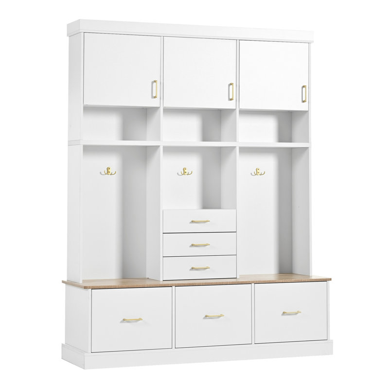 U-Can 75'' H Entryway Hall Tree with Bench and Storage, 5-in-1 Modern Hall Tree with Coat Rack, 6 Drawers, 3 Cabinets and 3-Tier Top Storage for Hallway, Entryway, Living Room, Mudroom