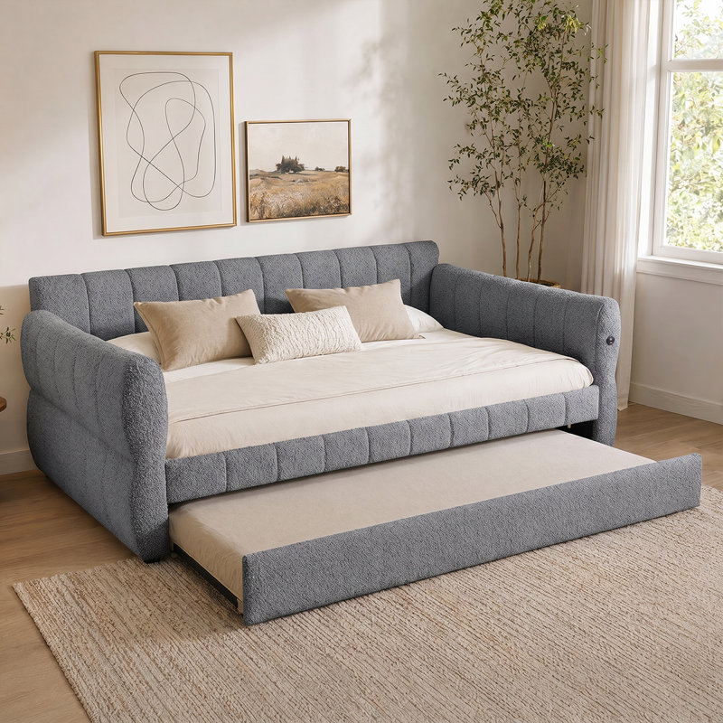 Space-Saving Queen Upholstered Bed With Trundle - USB Charging, Sturdy Frame, No Box Spring, Gray