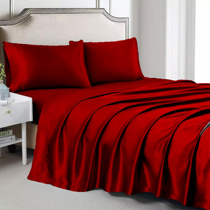  Ensemble de draps en satin de luxe et soyeux 4 pièces Rose Collection - 6 couleurs, Double, Rouge