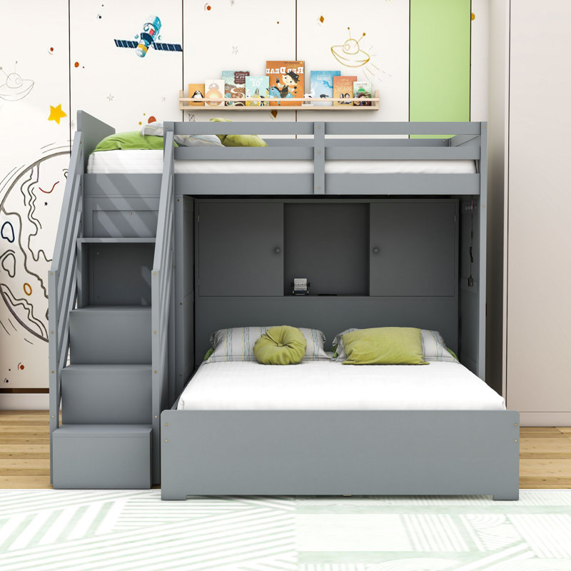 Twin over Full Wooden Loft Bed with Wardrobe, Built-In Shelving, Gray