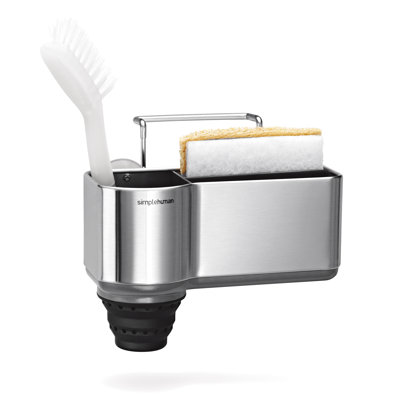 Simplehuman sink caddy in brushed stainless steel with a pop-out brush holder, sponge storage, and a black suction base.