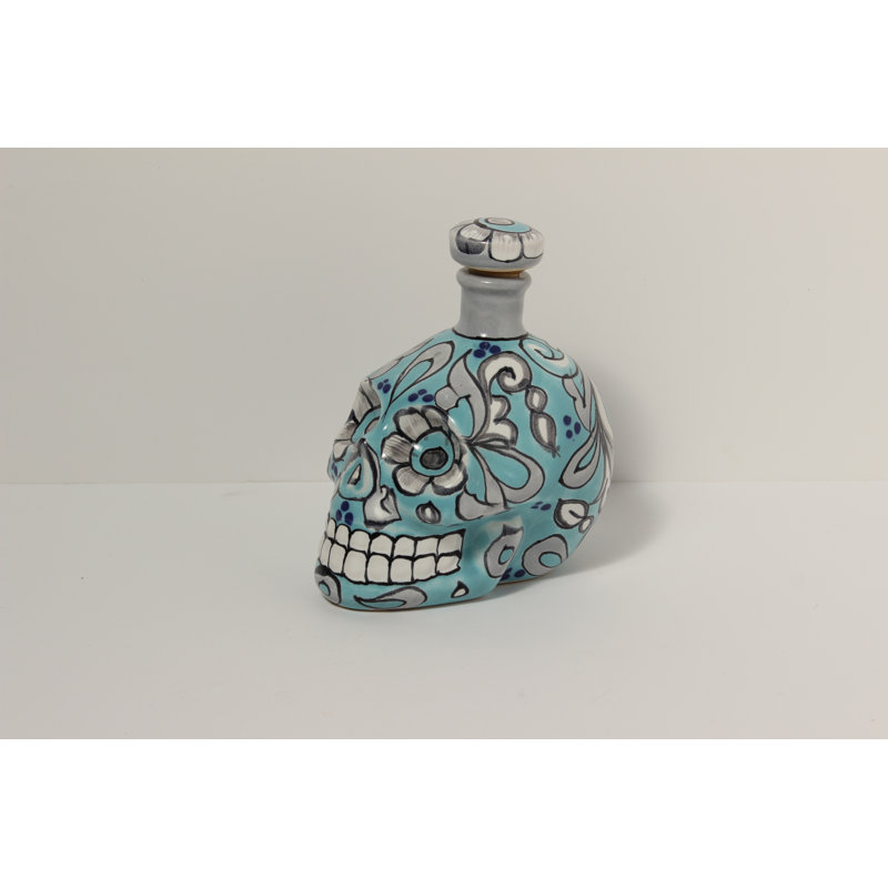 Bouteille de liqueur crâne en céramique 16 oz turquoise Talavera
