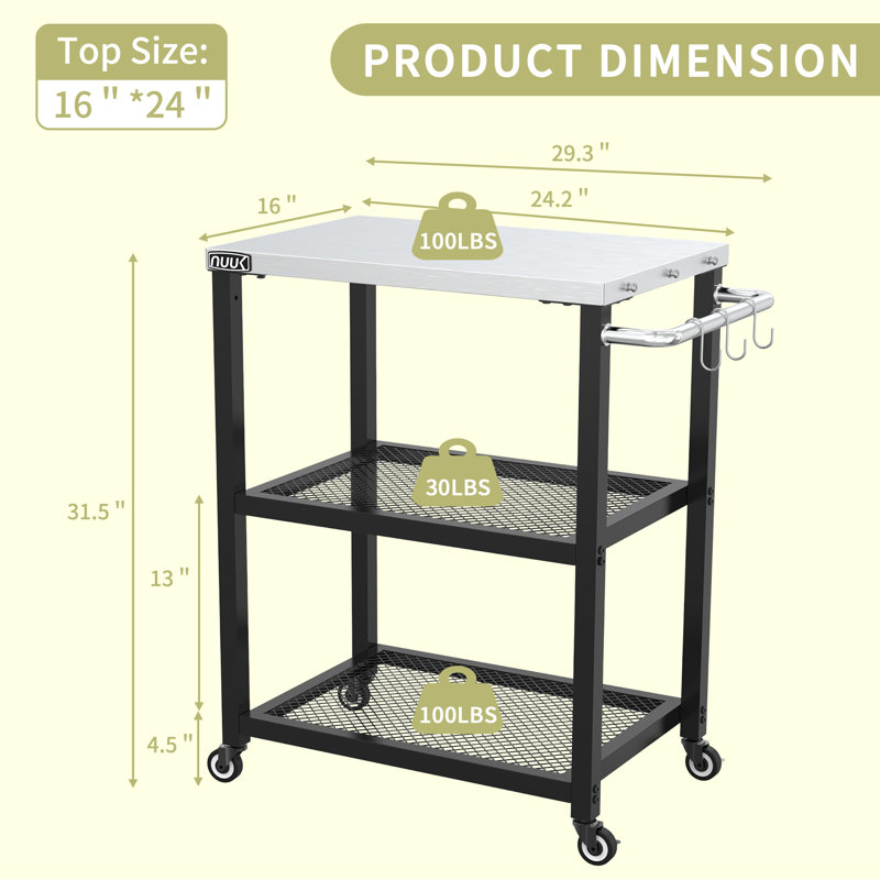 24" x 18" Outdoor Grill Cart Prep Table with Stainless Steel Top, Rolling BBQ Food Prep Station with Wheels & Hooks