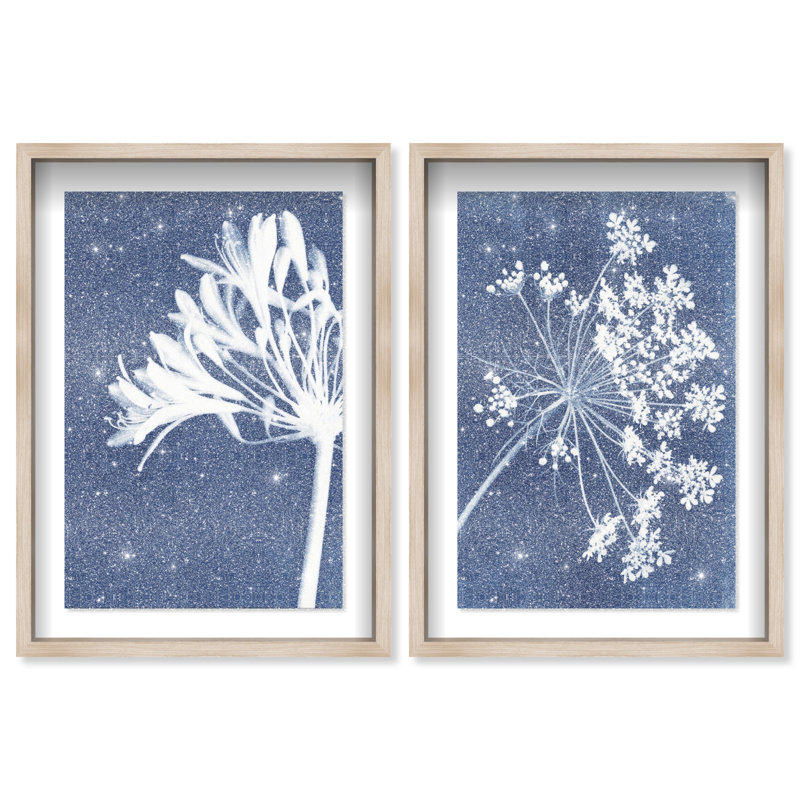 Cyan Flowers Set Set by Oliver Gal, 25"H x 37"W, Natural Oak Shadowbox