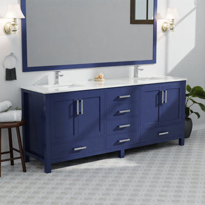Ensemble de meuble-lavabo double avec plateau en marbre de Carrare et robinet