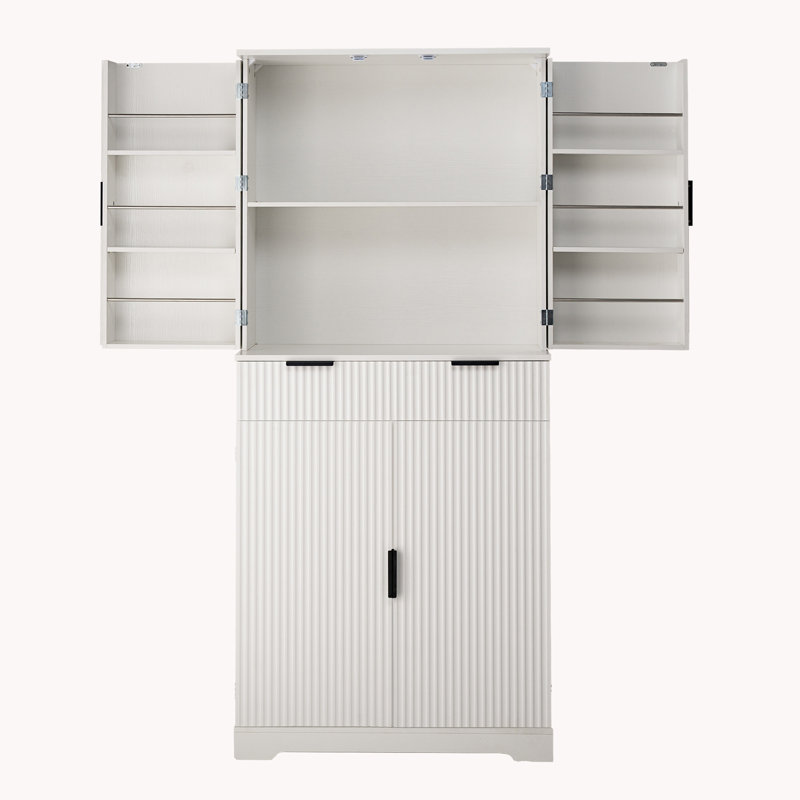 Fluted Kitchen Pantry Cabinet with 3 Keyboard Drawers & 6 Door Shelves Adjustable, Freestanding Cupboard Storage Cabinet for for Bathroom