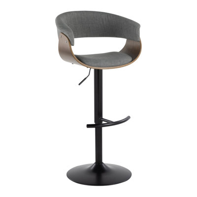 Vintage Mod Mid-Century Modern Adjustable Height Barstool With Swivel In Black Metal, Walnut Wood And Light Grey Fabric With Rounded "T" Footrest By  - Set Of 2