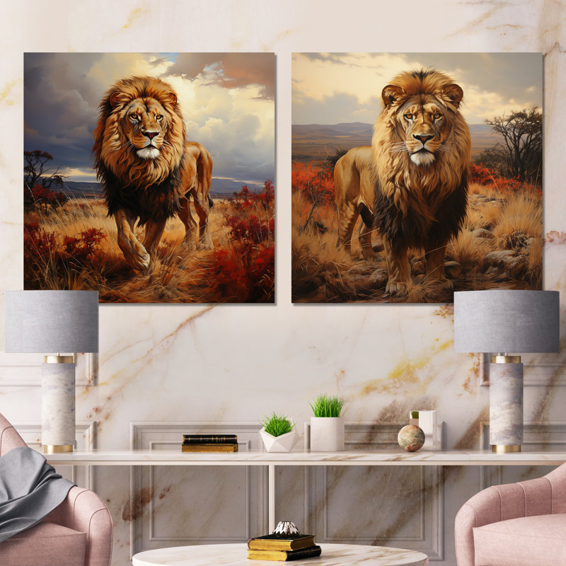 Ensemble de 2 décorations murales lion d'Afrique Savannah I - Lion, Toile tendue, H 36 po x l 73 po x P 1,5 po