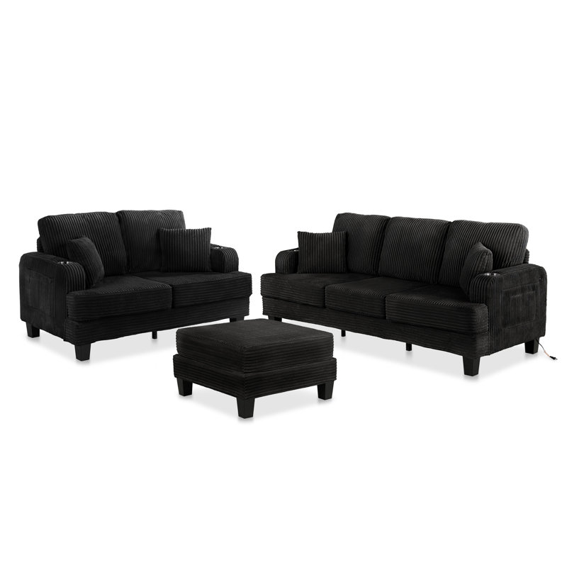 Ensemble de canapé en chenille 2 pièces Luka, Noir, 3 pièces: canapé, causeuse, fauteuil