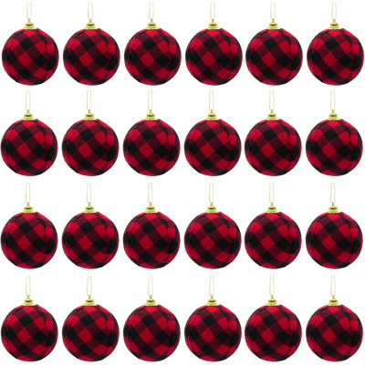 24Pcs Christmas Ball Buffalo Plaid Fabric Christmas Balls 2.75"/70Mm Hanging Ornaments Xmas Baubles Decorative Christmas Tree Hanging Ornaments For Party Holiday Decoration