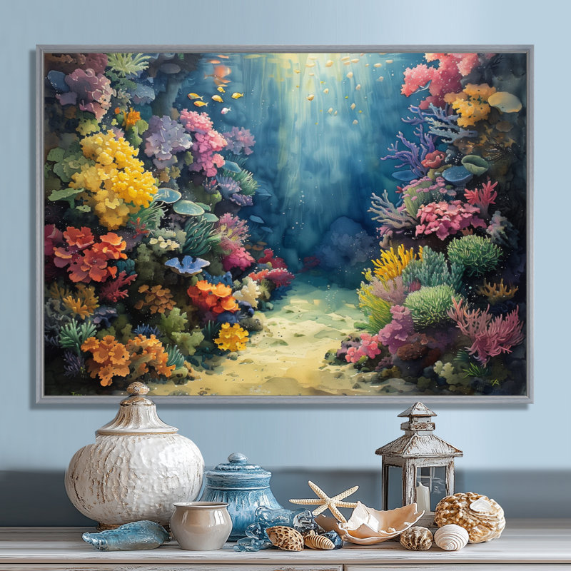 «Blue Coral Sea Floor Symphony II», art mural corail, Sans cadre, métal, H 24 po x l 32 po