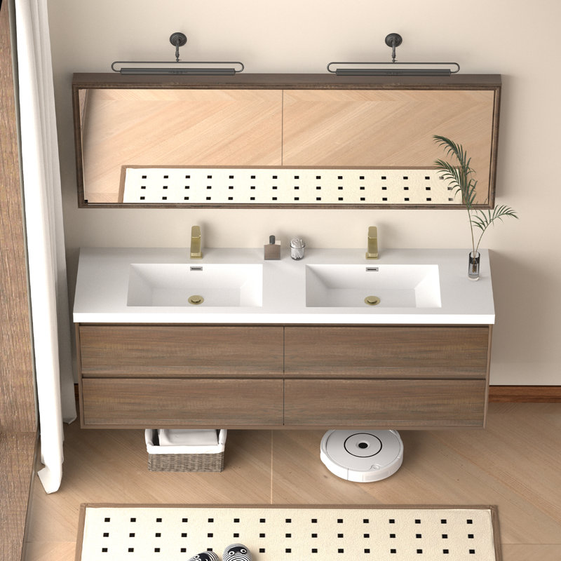 Lavabo 72 po en résine blanche intégrée pour meuble-lavabo double