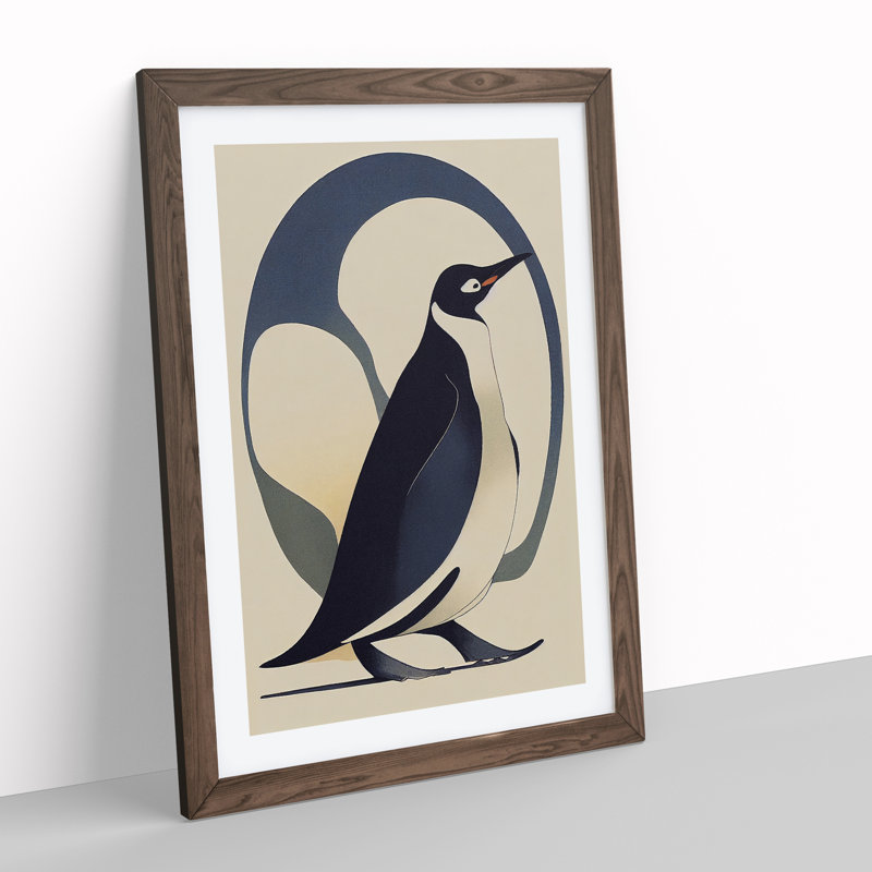 Penguin Art Nouveau - Wall Art, 36cm H x 27cm W, Walnut Framed Paper, White
