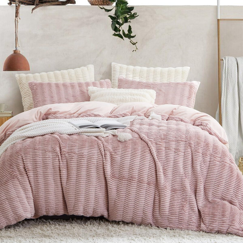 Housse de couette moelleuse en fausse fourrure pour grand lit, Rose