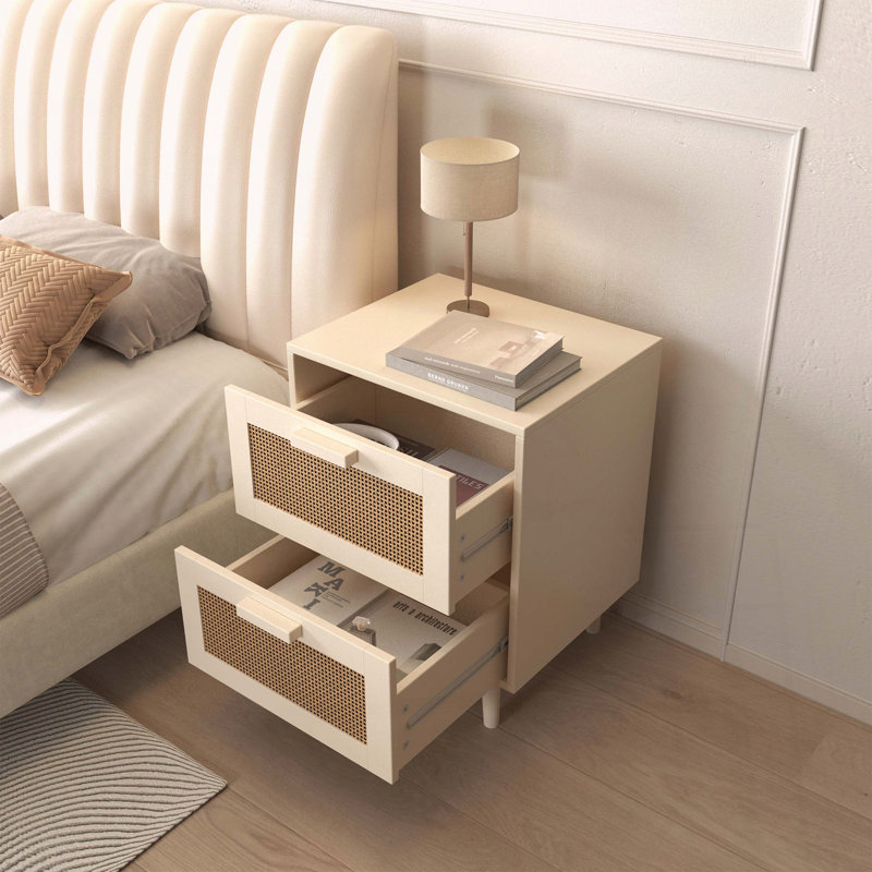 Table de chevet en rotin avec 2 faux tiroirs en rotin et pieds en bois, finition en bois robuste