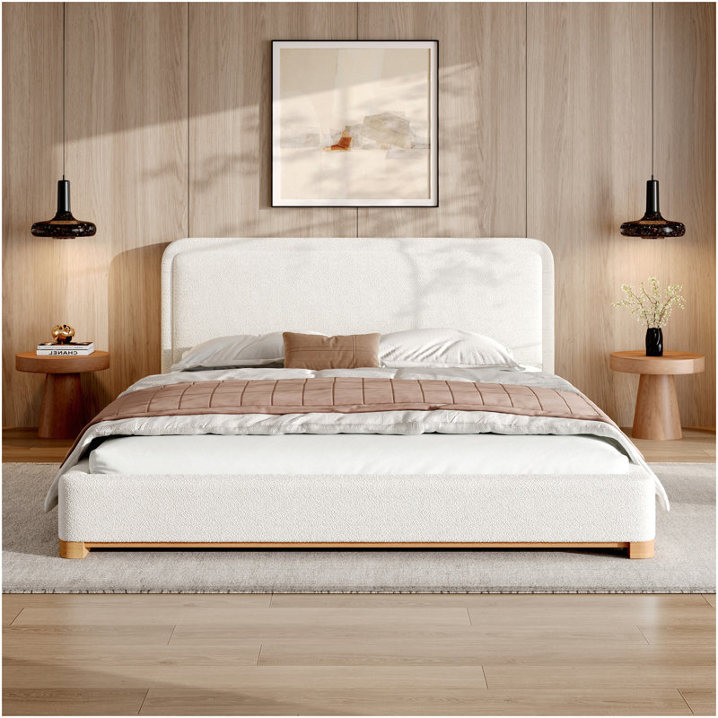 Base de lit grand format avec tête de lit courbée rembourrée Boucle, base en bois, blanc