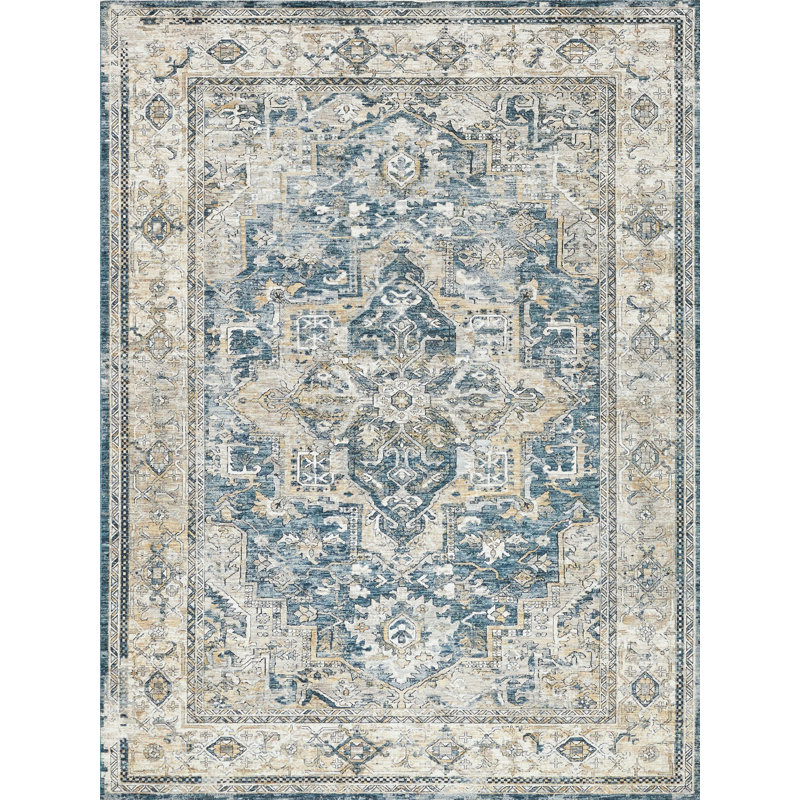 Antique Loom Blue/Beige Polyester powerloom Area Rug, Rectangle 2' x 3'