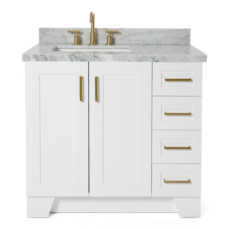 Meuble-lavabo simple en bois massif 37 po Freitas blanc avec plateau en marbre de Carrare 1,5 po, évier gauche et rectangulaire