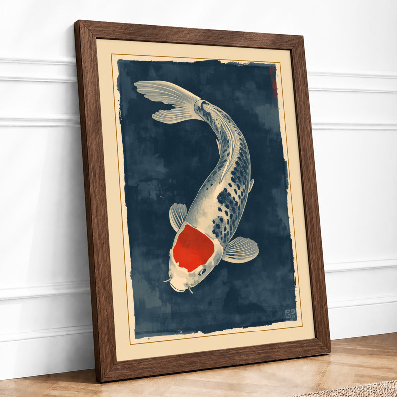 Drifting Koi Japandi - Framed Print, A4 - 29.7 x 21.0 cm, Walnut