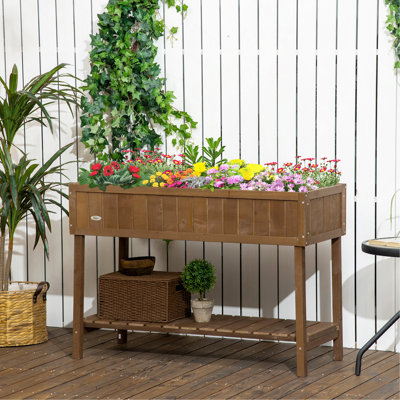 Lit de jardin surélevé 43 po x 18 po x 30 po avec 8 poches et tablette, pot à fleurs surélevé en bois avec pieds pour faire pousser des herbes, des légumes et des fleurs, brun foncé