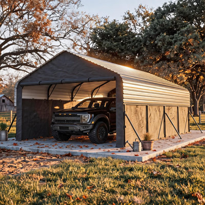 Heavy Duty Metal Garage Carport, 19 Ga Reinforced Steel Frame Enclosed Outdoor Storage Shelter with 220g PE Roll-Up Doors, 234.6"L x145.6"W x110"H, Waterproof UV Protection for Truck, Boat, Equipment.