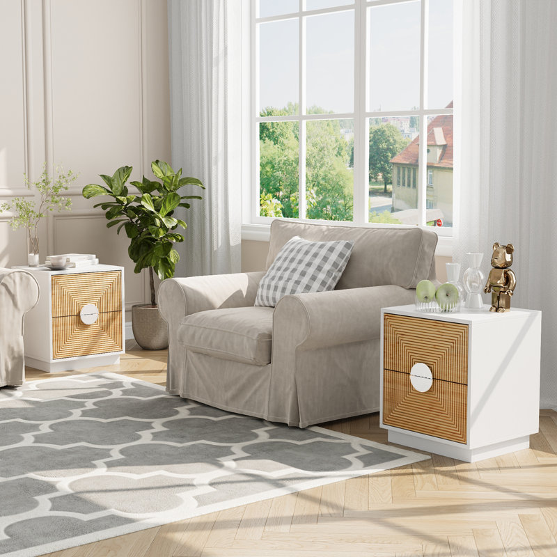  Table de chevet 2 tiroirs Modern Boho avec façade en rotin géométrique et cadre blanc (ensemble de 2), Blanc, Ensemble de 2