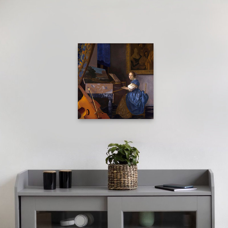 A Young Woman Seated At A Virginal Classic Contemporary Portrait Wall Art Print by Johannes Vermeer - Wrapped Canvas Print