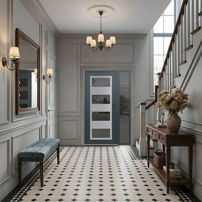 Porte d'entrée avant pré-suspendue à panneaux latéraux en acier argenté anthracite / anthracite avec panneau latéral