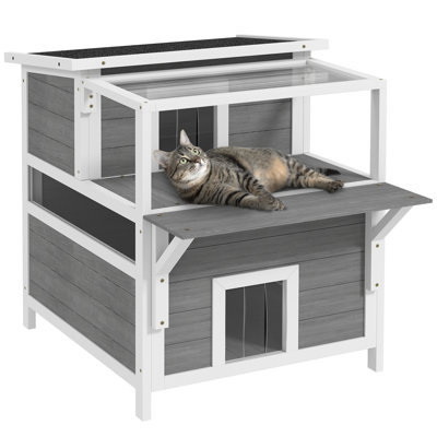 Outdoor Cat House with Balcony, Feral Cat Shelter with Weatherproof Openable Top, Escape Door, Removable Panel & Floor, for Backyard, Outside