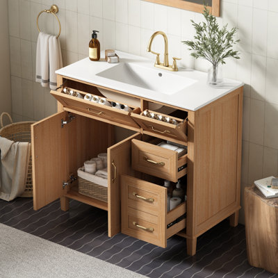 Meuble-lavabo 36 po avec lavabo en céramique, meuble-lavabo autoportant en bois naturel avec 4 tiroirs et portes doubles, pieds en bois d'hévéa massif, armoire de rangement à fermeture en douceur, meuble-lavabo moderne à grain de bois
