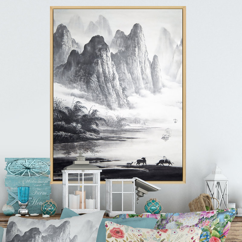Peinture traditionnelle chinoise, paysage, H 12 po x l 8 po, Toile naturelle avec cadre flottant