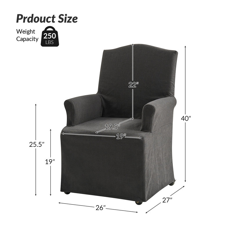 Gatlinburg Traditional Slipcovered Dining Chair with Hooded Caster Wheels, Charcoal