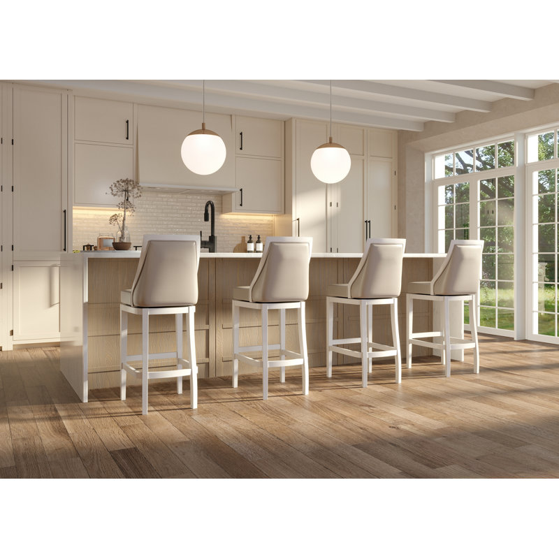 Tabouret de bar pivotant à hauteur de comptoir de 26 po avec dossier haut, blanc et siège en similicuir gris, 1 pièce