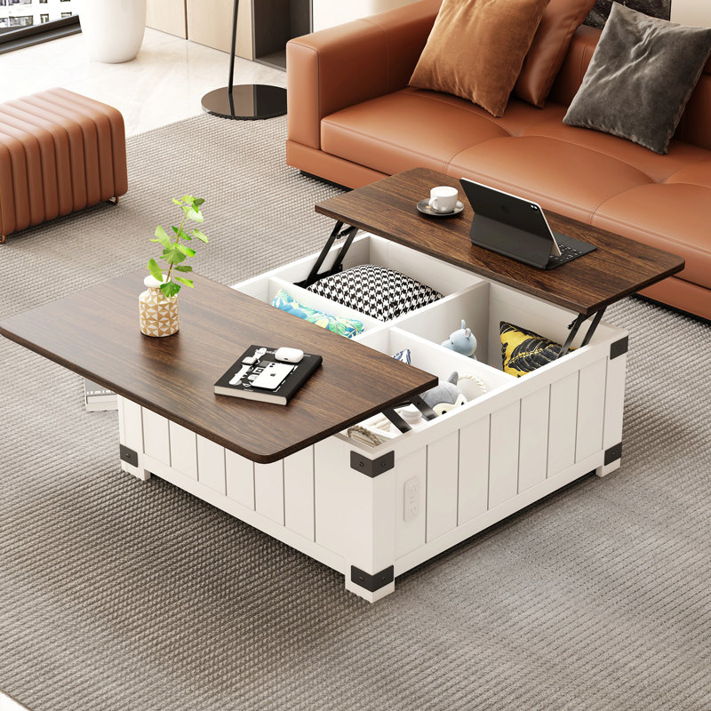 White and Brown Square Lift-Top Coffee Table with Storage
