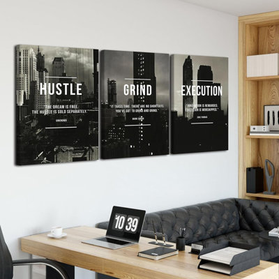 Framed 3 Pieces Grind Hustle Execution Wall Art, Inspirational Quotes Office Wall Decor Poster, Men Motivational Print Posters For Home Gym Living Room Bedroom 16X24in